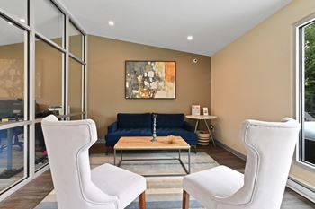 Living room with a blue couch